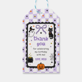 Etiquetas Para Regalos Fiesta de cumpleaños de Halloween de gingham púrpu