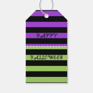 Etiquetas Para Regalos Fiesta de Halloween con rayas verdes, moradas y ne