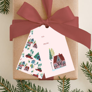 Etiquetas Para Regalos Fiesta de Navidad en la aldea de esquí nórdico ros