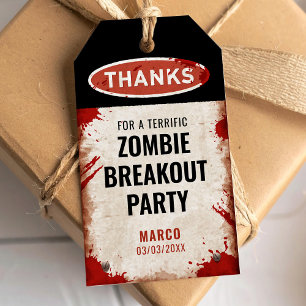 Etiquetas Para Regalos Fiesta de zombis gracias con un letrero oxidado y