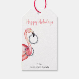 Etiquetas Para Regalos Flamingo navidad con Wreath Happy Holidays