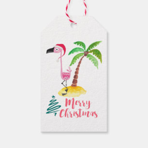 Etiquetas Para Regalos Flamingo Rosado En Un Sombrero De Santa Por Un Árb