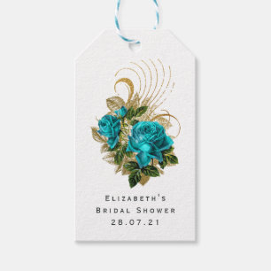 Etiquetas Para Regalos Floral de Relieve metalizado dorado turquesa y fal