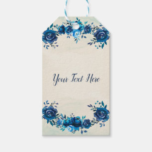 Etiquetas Para Regalos Flores Acuarela Azules añil y Beige Boda