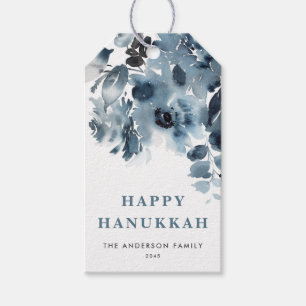 Etiquetas Para Regalos Flores azul acuarela Feliz Hanukkah