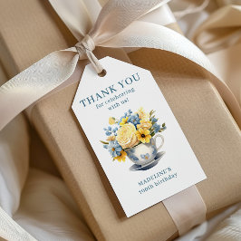 Etiquetas Para Regalos Flores azules amarillas teacup Cumpleaños número 1