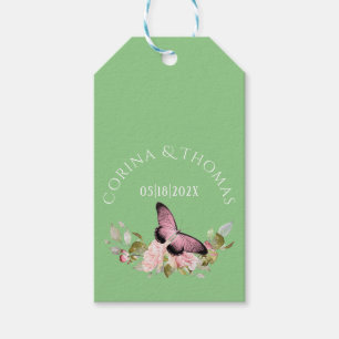 Etiquetas Para Regalos Flores rosadas y mariposa en boda verde
