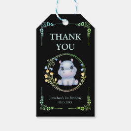 Etiquetas Para Regalos Flower Wreath Cute Hippo Cumpleaños Gracias Negro