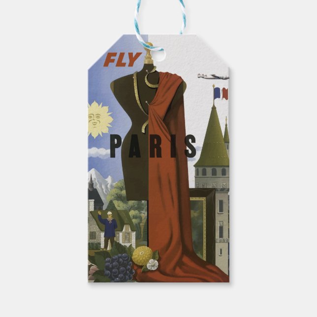 Etiquetas Para Regalos Fly Paris Francia Vintage Travel Poster (Anverso)