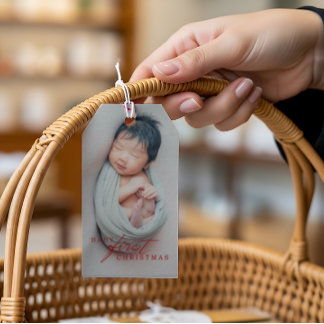 Etiquetas Para Regalos Foto del primer Navidad del bebé con tipografía ro