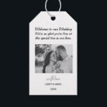 Etiquetas Para Regalos Foto personalizada Bienvenida en blanco y negro<br><div class="desc">Etiquetas personalizadas de regalo de bienvenida en blanco y negro. Estos colores floridos y las etiquetas de regalo de bienvenida boda de guiones son perfectas para su simple boda boho moderno. Este diseño presenta una delicada y elegante caligrafía romántica, escrita a mano, con una tipografía chic y deslumbrante. Esto se...</div>