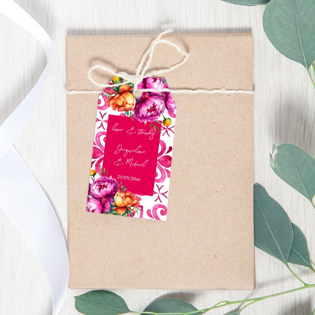 Etiquetas Para Regalos Fuchsia Majolica azulejos naranja gracias (Fuchsia Majolica tiles orange pink peonies thank you favor Gift Tags wedding favor tags favors)