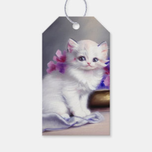 Etiquetas Para Regalos Gatito blanco vintage con flores rosadas y moradas