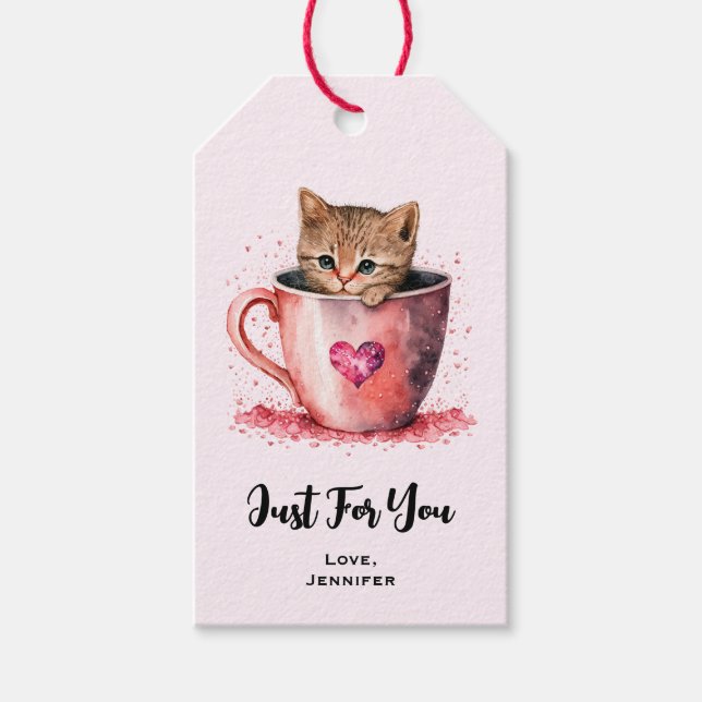 Etiquetas Para Regalos Gatito lindo en una taza de té con corazones solo  (Anverso)
