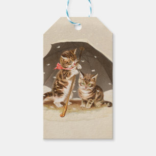 Etiquetas Para Regalos Gatitos antiguos bajo paraguas arte de gato antigu
