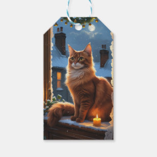 Etiquetas Para Regalos Gato Abisinio con Luces de Navidad Fiesta