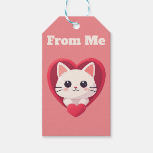 Etiquetas Para Regalos Gato Blanco Adorable con Corazón Diseño de Amor Ga