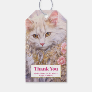 Etiquetas Para Regalos Gato blanco en oro y Fiesta de diamantes gracias