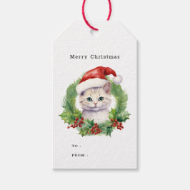 Etiquetas Para Regalos Gato de Navidades de color de agua en un Sombrero 