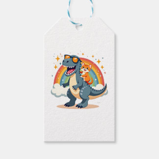Etiquetas Para Regalos Gato montando dinosaurio T-Rex gatito arcoíris Din