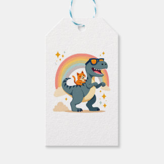 Etiquetas Para Regalos Gato montando dinosaurio T-Rex gatito arcoíris Din