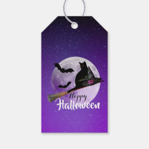 Etiquetas Para Regalos Gato negro de Halloween en escoba Luna llena