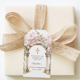 Etiquetas Para Regalos Girl First Communion Pink Florals Arch Cross