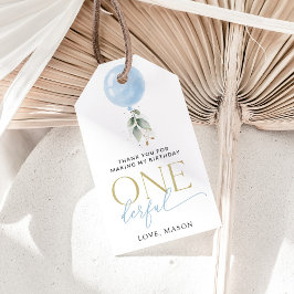 Etiquetas Para Regalos Globo azul, eucalipto, vegetación, primer cumpleañ