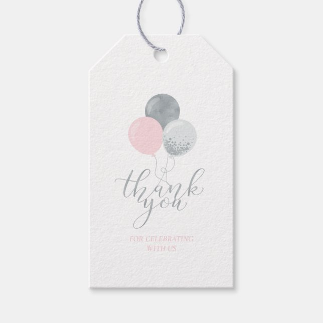 Etiquetas Para Regalos Globos rosados y plateados | Fiesta Gracias Etique (Anverso)