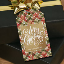 Gold Merry Christmas on Plaid