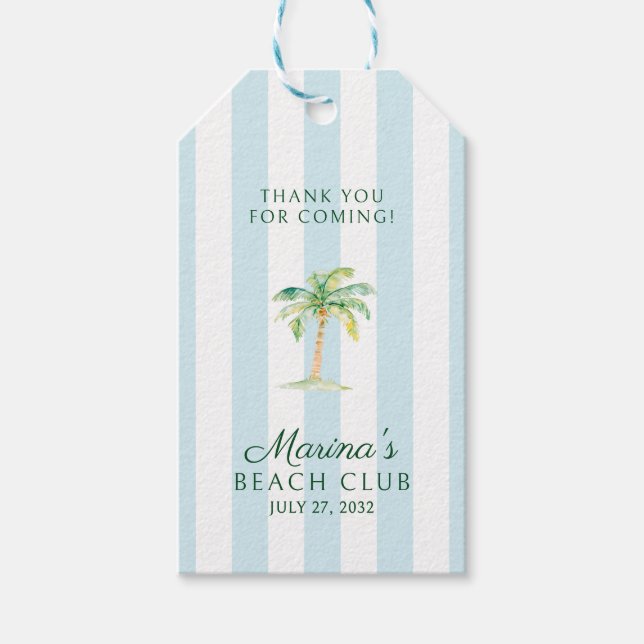 Etiquetas Para Regalos Gracias Aqua Blue Cabana Stripes Palm Beach Club (Anverso)