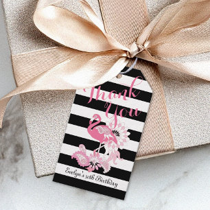 Etiquetas Para Regalos Gracias Fiamingo Rosado con Raya Negra y Blanca