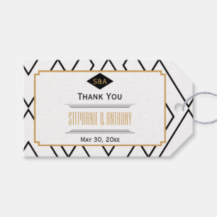 Etiquetas Para Regalos Gracias Monograma negro, oro y blanco Art Deco