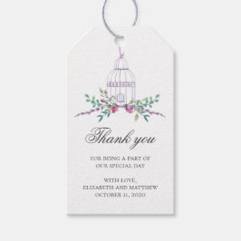Etiquetas Para Regalos Gracias por la boda púrpura. Jaula de pájaros y fl