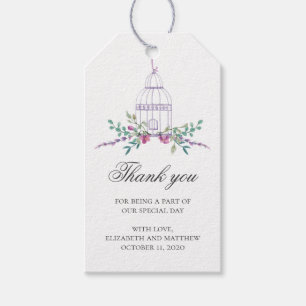 Etiquetas Para Regalos Gracias por la boda púrpura. Jaula de pájaros y fl