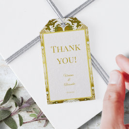 Etiquetas Para Regalos Gracias por la boda retro Gold Green Damask