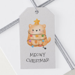 Etiquetas Para Regalos Gracioso gato Meowy Christmas Tree ilumina la acua