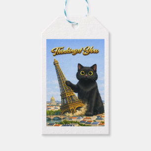 Etiquetas Para Regalos Gran Gato Negro Derriba la Torre Eiffel Pensando e