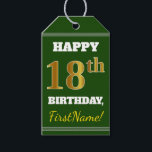 Etiquetas Para Regalos Green, Faux Gold 18th Birthday   Custom Name<br><div class="desc">El diseño de esta etiqueta de regalo de cumpleaños incluye un mensaje como "¡FELIZ 18º CUMPLEAÑOS, nombre!", donde el nombre se puede personalizar, y donde el número "18º" tiene un aspecto de color falso/imitación dorado. En la parte delantera también hay un fondo de color verde. En la parte posterior aparece...</div>