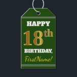 Etiquetas Para Regalos Green, Faux Gold 18th Birthday   Custom Name<br><div class="desc">El diseño de esta etiqueta de regalo de cumpleaños incluye un mensaje como "¡FELIZ 18º CUMPLEAÑOS, nombre!", donde el nombre se puede personalizar, y donde el número "18º" tiene un aspecto de color falso/imitación dorado. En la parte delantera también hay un fondo de color verde. En la parte posterior aparece...</div>