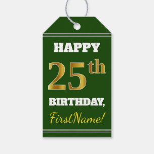 Etiquetas Para Regalos Green, Faux Gold 25th Birthday + Custom Name