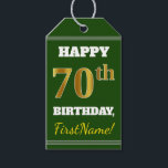 Etiquetas Para Regalos Green, Faux Gold 70th Birthday   Custom Name<br><div class="desc">El diseño de esta etiqueta de regalo de cumpleaños incluye un mensaje como "¡FELIZ 70 cumpleaños, FirstName!", donde el nombre puede ser personalizado, y donde el número "70" tiene un aspecto de color falso/imitación dorado. En la parte delantera también hay un fondo de color verde. En la parte posterior aparece...</div>