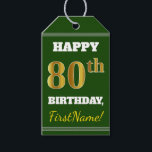 Etiquetas Para Regalos Green, Faux Gold 80th Birthday   Custom Name<br><div class="desc">El diseño de esta etiqueta de regalo de cumpleaños incluye un mensaje como "¡FELIZ 80º CUMPLEAÑOS, nombre!", donde el nombre puede ser personalizado, y donde el número "80º" tiene un aspecto de color falso/imitación de color dorado. En la parte delantera también hay un fondo de color verde. En la parte...</div>