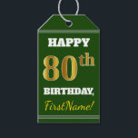 Etiquetas Para Regalos Green, Faux Gold 80th Birthday   Custom Name<br><div class="desc">El diseño de esta etiqueta de regalo de cumpleaños incluye un mensaje como "¡FELIZ 80º CUMPLEAÑOS, nombre!", donde el nombre puede ser personalizado, y donde el número "80º" tiene un aspecto de color falso/imitación de color dorado. En la parte delantera también hay un fondo de color verde. En la parte...</div>
