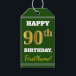 Etiquetas Para Regalos Green, Faux Gold 90th Birthday   Custom Name<br><div class="desc">El diseño de esta etiqueta de regalo de cumpleaños incluye un mensaje como "¡FELIZ 90º CUMPLEAÑOS, nombre!", donde el nombre puede ser personalizado, y donde el número "90º" tiene un aspecto de color falso/imitación de color dorado. En la parte delantera también hay un fondo de color verde. En la parte...</div>