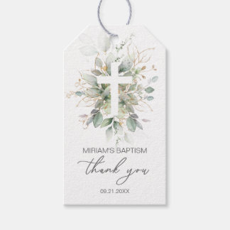 Etiquetas Para Regalos Green Gold Foliage Cross Baptism Gracias
