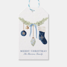 Etiquetas Para Regalos Guirnalda de Navidad de Media Azul Acuarela