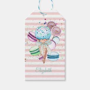 Etiquetas Para Regalos Helado de acuarela, Macarrones, Rayas rosadas