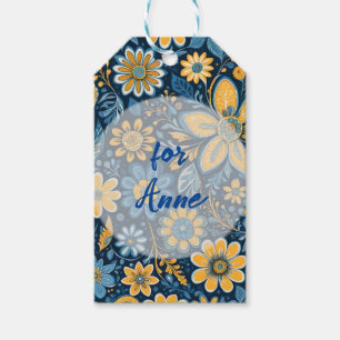 Etiquetas Para Regalos Hippie Retro Vintage Flores Diseño Amarillo Azul