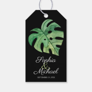 Etiquetas Para Regalos Hoja tropical de Monstera en Boda negro